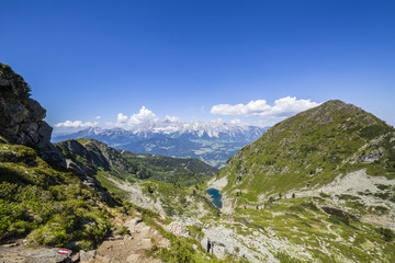 View to lake Spiegelsee and summit Schober and mountain Dachstein