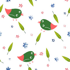 watercolor  cute flowers pattern and cartoon birds illustration seamless pattern