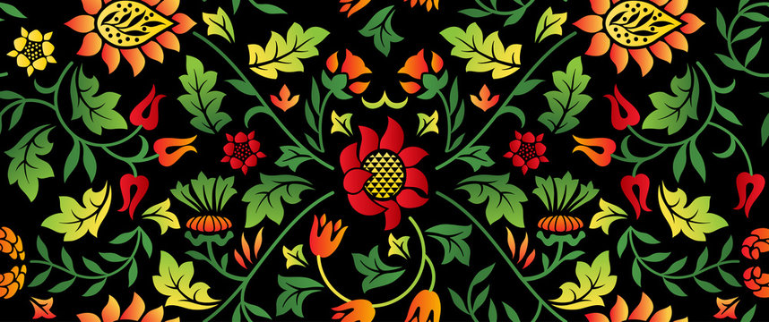 Floral seamless horizontal pattern on dark background. Vector illustration.
