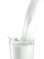 Pouring milk into a glass isolated on a white background