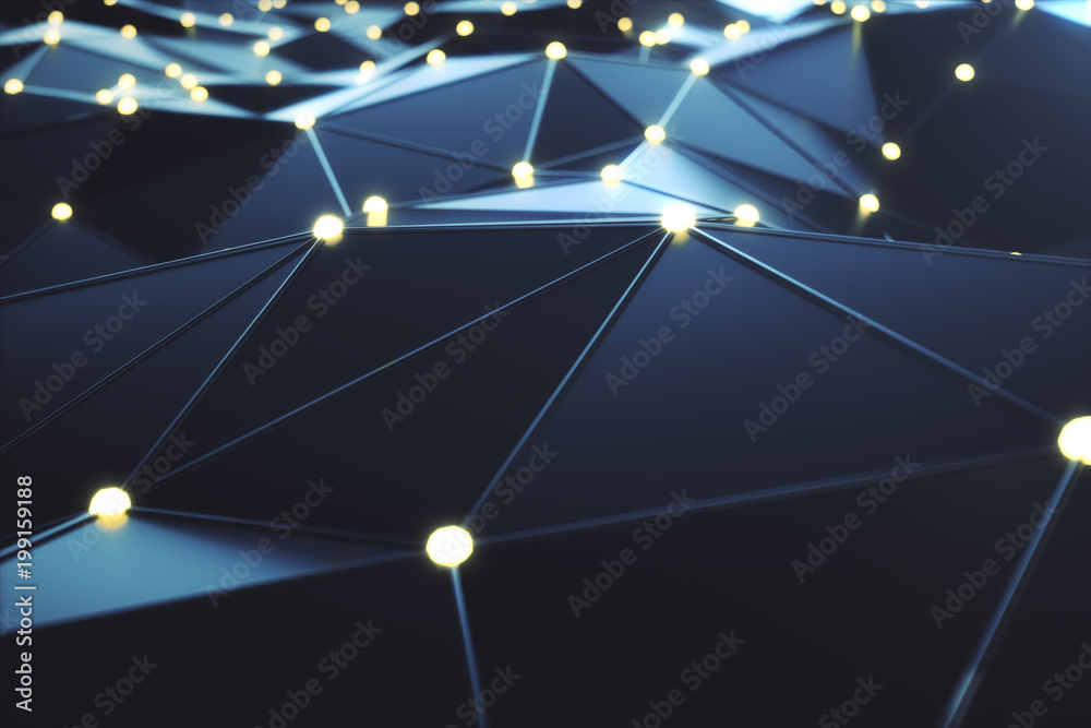 Poster 3d rendering abstract background. low poly mesh with connection lines and glowing dots or point. clo