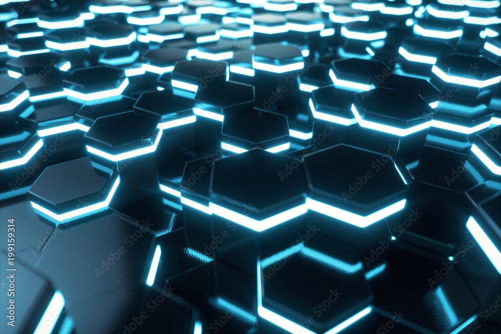 Poster abstract blue of futuristic surface hexagon pattern with light rays, 3d rendering