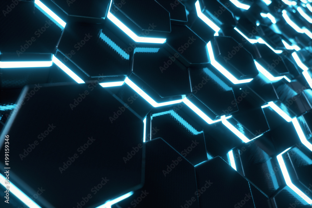 Poster abstract blue of futuristic surface hexagon pattern with light rays, 3d rendering
