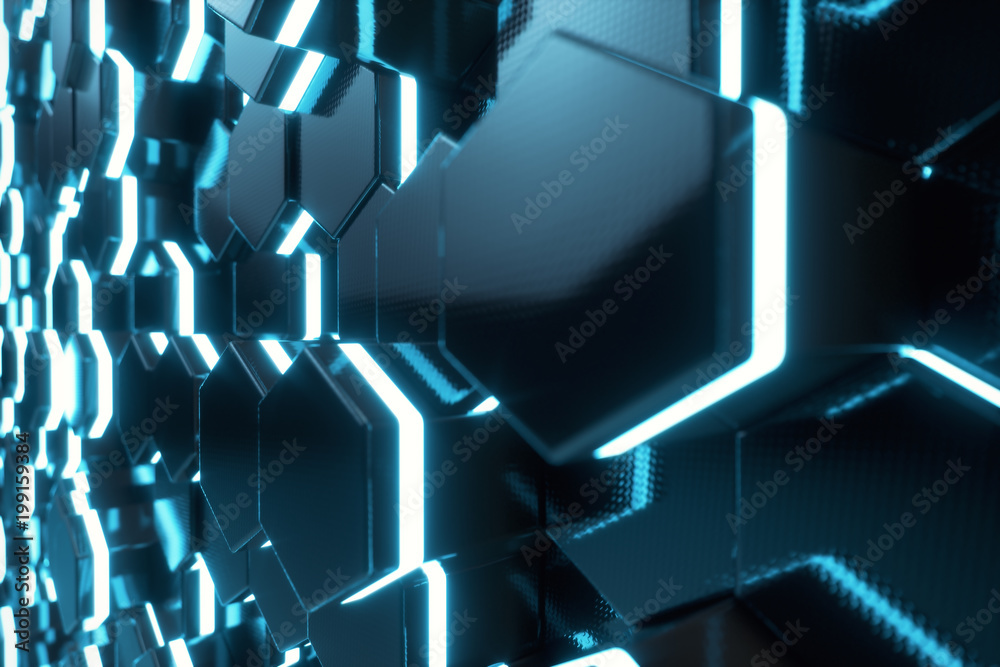 Poster abstract blue of futuristic surface hexagon pattern with light rays, 3d rendering