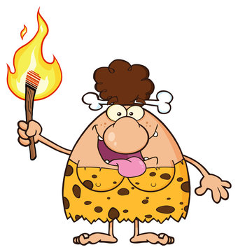 Smiling Brunette Cave Woman Cartoon Mascot Character Holding Up A Fiery Torch. Illustration Isolated On White Background