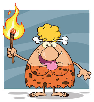 Happy Cave Woman Cartoon Mascot Character Holding Up A Fiery Torch. Illustration Isolated On White Background