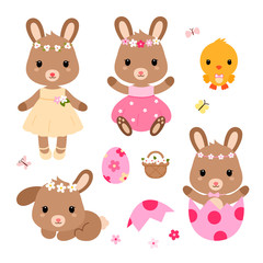 Vector set of characters and icons on the Easter theme in cartoon style.