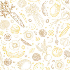 Organic food design template. Fresh vegetables background. Detailed vegetarian food drawing. Farm market product. Great for label, design menu, recipes, poster, packaging design, wrapping paper.