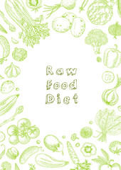 Raw food diet. Vegetarian vintage background with natural organic products. Healthy life. Vector composition of fresh vegetables. Detailed food drawing. Great for menu, banner, label, logo, flyer.