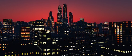 Naklejka premium nowoczesne miasto o zachodzie słońca, pejzaż nocny, renderowanie 3D