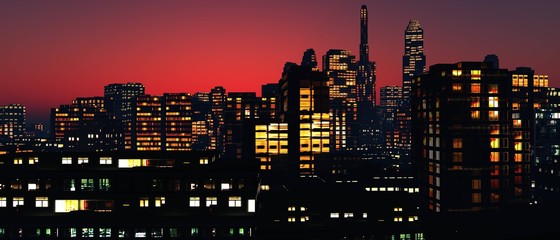 Naklejka premium nowoczesne miasto o zachodzie słońca, pejzaż nocny, renderowanie 3D