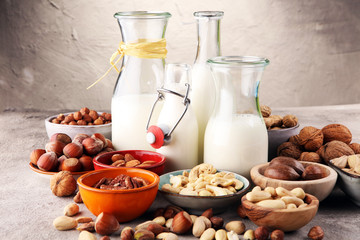 Alternative types of milks. Vegan substitute dairy milk.