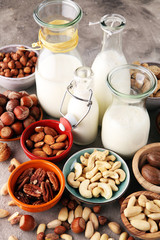 Alternative types of milks. Vegan substitute dairy milk.