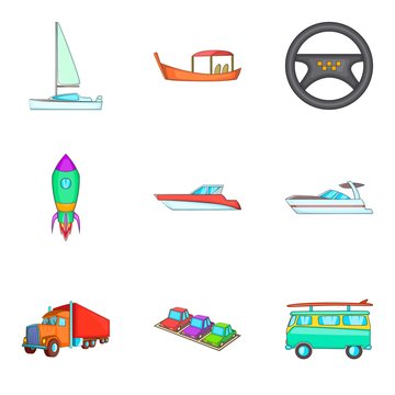 Auto icons set, cartoon style