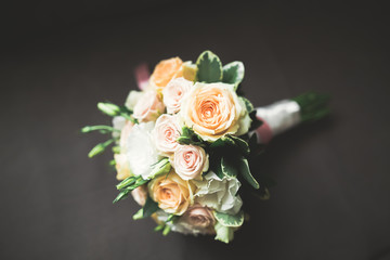 Beautiful wedding bouquet with different flowers, roses