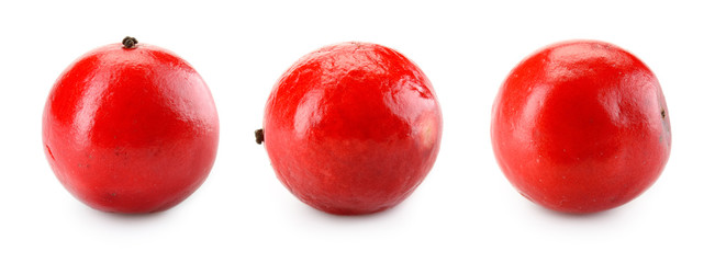 Red pepper isolated on white. Red Peppercorn. Pink peppercorns. Macro. Top view. Full depth of field.