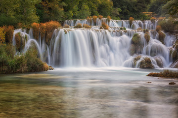 Obraz premium Waterfall in Krka National Park, famous Skradinski buk, one of the most beautiful waterfalls in Europe and the biggest in Croatia, amazing nature landscape