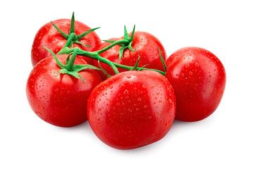 Tomato. Fresh tomato with drops isolated on white. With clipping path. Full depth of field.