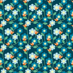 Seamless pattern vector of vivid lovely tiny bird is standing on blue color flower.