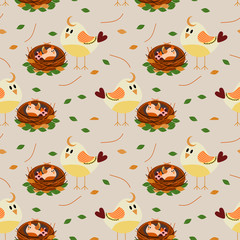 Seamless pattern vector of vivid lovely tiny bird with her nest.