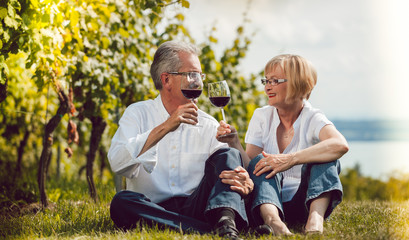 Senior couple, man and woman, enjoying red wine outdoors, woman and man clinking glasses