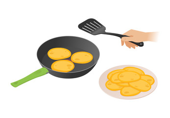 Flat isometric illustration of frying pan with pancakes, a hand with kitchen spatula. The morning cooking of sweet fried cakes in the dripping pan. Cookware, eating, food, breakfast vector concept.