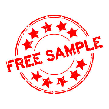 Grunge red free sample with star icon round rubber seal stamp on white background