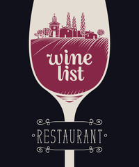 Cover for a wine list of restaurant menus. Vector illustration with landscape of vineyards and village in the wine glass with a calligraphic inscription on black background