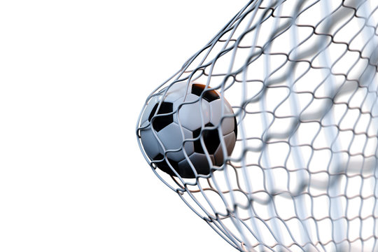 3d Rendering Soccer Ball In Goal In Motion. Soccer Ball In Net In Motion Isolated On White Background. Success Concept