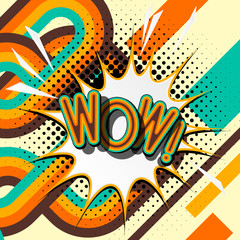 WOW – retro lettering with shadows, halftone pattern on retro poster  background. Vector bright illustration in vintage pop art style.