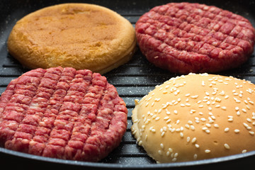 raw burger in grill pan 