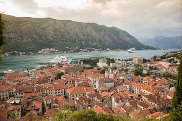 Naklejka na ściany i meble View of old town roofs in a Bay of Kotor from Lovcen mountain in Montenegro.