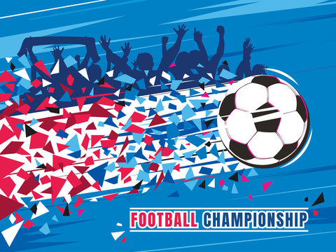 Football championship concept vector illustration. Flying soccer ball with trace and fans.