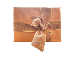 Large brown gift box, Gift box or present wrapped with kraft paper and a large ribbon isolated on white background