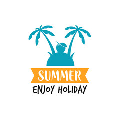 summer holiday logo template, sticker, banner, stamp, label. Beach, palm tree and sunset vector illustration