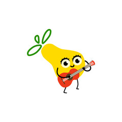 Funny pear fruit character playing guitar at party, flat cartoon, doodle vector illustration isolated on white background. Cartoon pear fruit character with human face playing guitar, party mascot