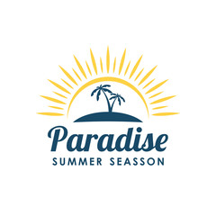 summer holiday logo template, sticker, banner, stamp, label. Beach, palm tree and sunset vector illustration