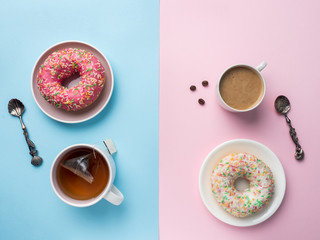 Top view Cup of coffee and Tea, Donuts Vanilla on a Pink Blue background