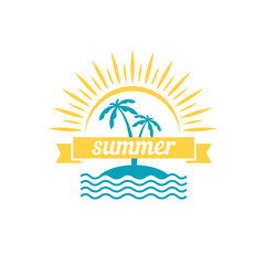 summer holiday logo template, sticker, banner, stamp, label. Beach, palm tree and sunset vector illustration