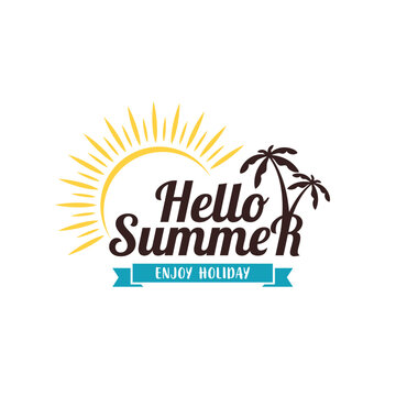 summer holiday logo template, sticker, banner, stamp, label. Beach, palm tree and sunset vector illustration