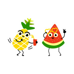 Vector flat fruit characters summer party set. funny happy watermelon in fancy heart glasses, pineapple holding cocktail glass. Summer vacation, party poster. Isolated illustration, white background.