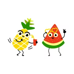 Fotobehang Vector flat fruit characters summer party set. funny happy watermelon in fancy heart glasses, pineapple holding cocktail glass. Summer vacation, party poster. Isolated illustration, white background. © sabelskaya