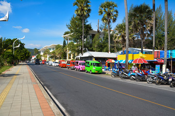 Street trading, tuk-tuk and rent scooters on the srteet  in Phuket. Thailand.