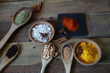 Spcies in wooden spoons on the wooden table.
