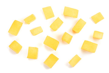 cube of Mango fruit isolated on white background close-up. Top view. Flat lay