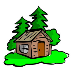 Obraz na płótnie Canvas wooden cabin in the woods vector illustration sketch hand drawn with black lines isolated on white background