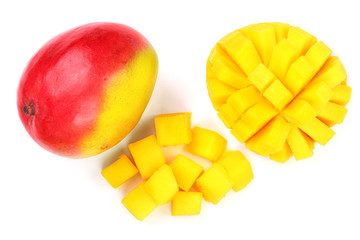 Mango fruit and half isolated on white background close-up. Top view. Flat lay