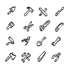 construction tools icons set with shadow vector illustration sketch hand drawn with black lines isolated on white background