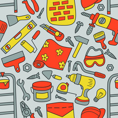 Repairs. Building tools. Seamless pattern in doodle and cartoon style. Color. Vector. EPS 8
