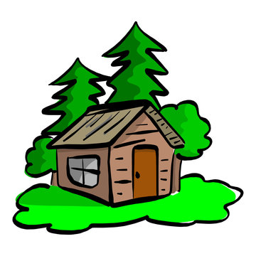 wooden cabin in the woods vector illustration sketch hand drawn with black lines isolated on white background